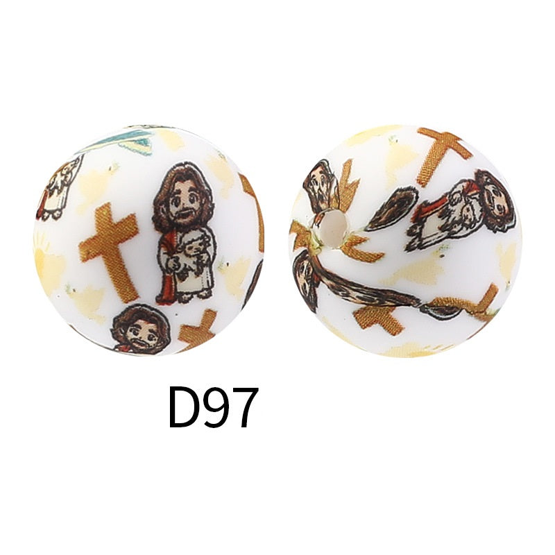 50Pcs 15mm Colored pattern printed silicone beads 99