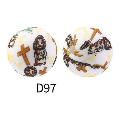 50Pcs 15mm Colored pattern printed silicone beads 99