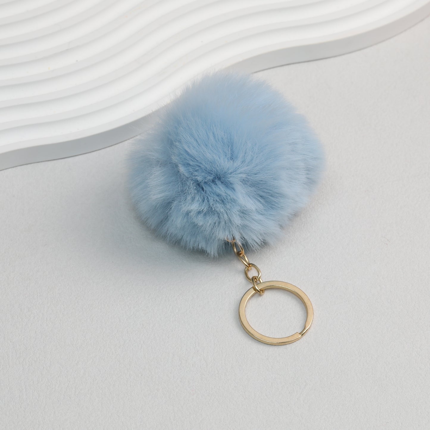 Pom Pom Keychain Plush Violet Faux Fur Ball Gold Ring 8cm