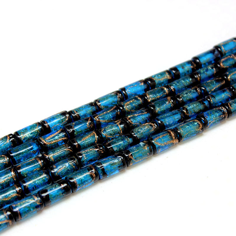 Vintage Gold Foil Cylindrical Lampwork Glass Beads 16mm 10pcs 6