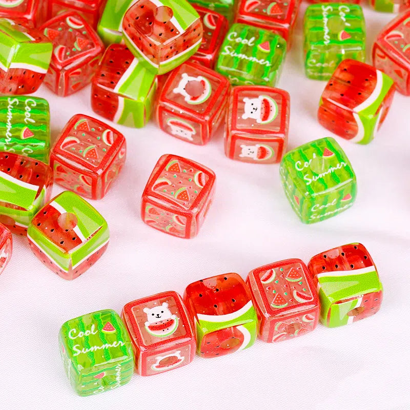 Watermelon Puppy Printed Acrylic Square Beads 14mm 10pcs