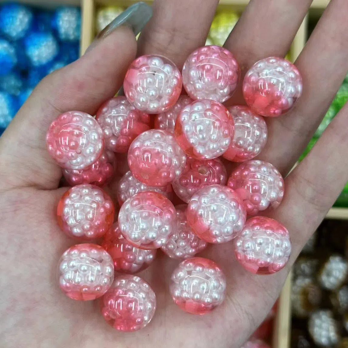 Dual Color Imitation Pearl Waxberry Resin Beads 16mm Glossy Bubblegum 10pcs 8