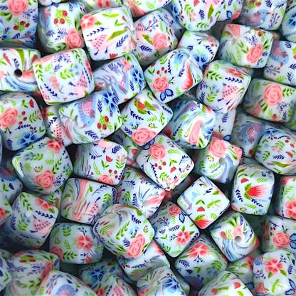 13.5mm Square Silicone Beads Printed Designs Mix 50pcs 17