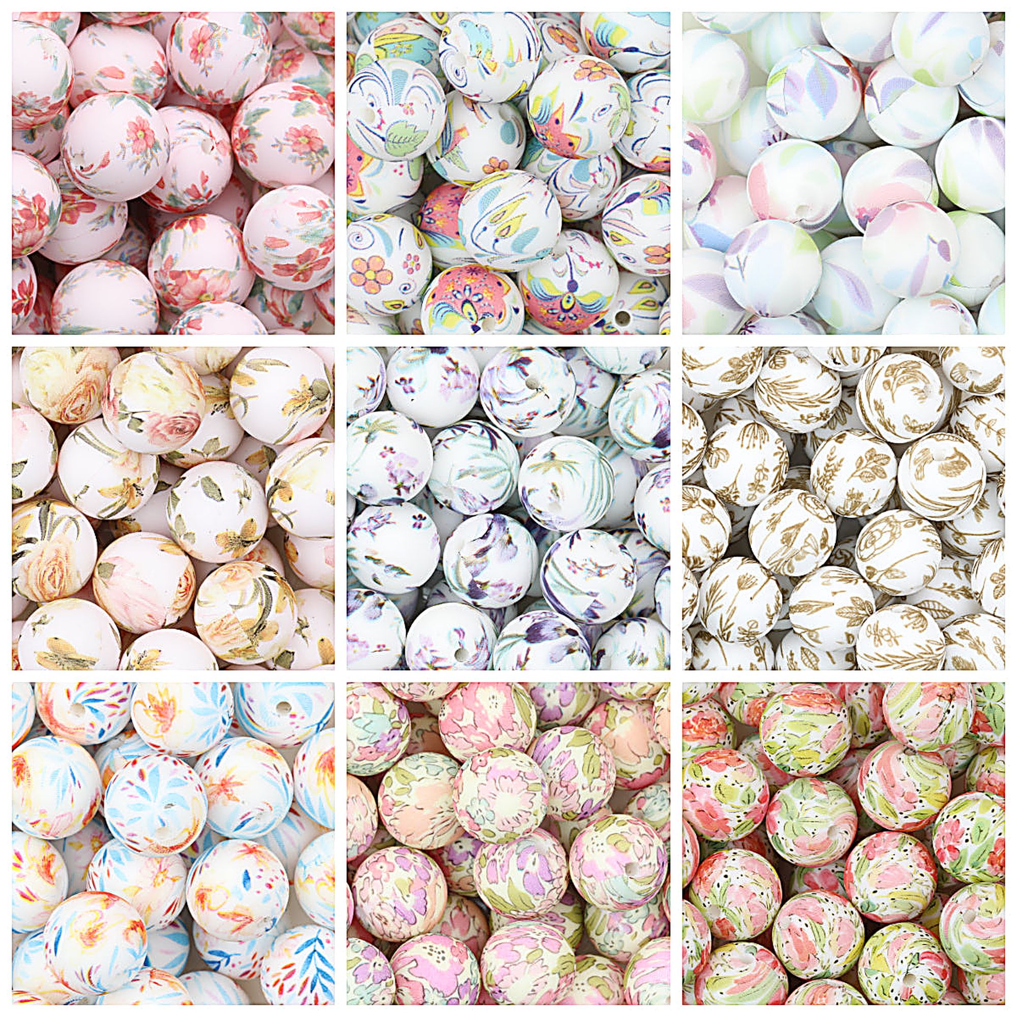 Colorful Floral Pattern 15mm Round Silicone Beads 50pcs