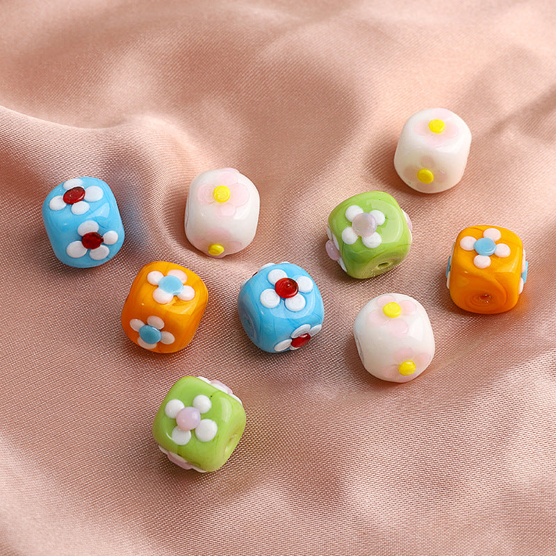 Colorful 12mm Square Glass Flower Beads 10pcs 2