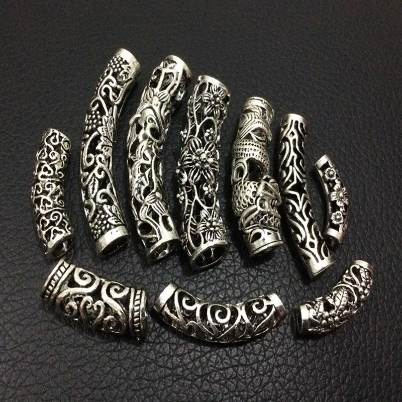 Tibetan Tube Metal Beads 9mm 26mm Antique Silver Pattern Zinc Alloy 50pcs 4