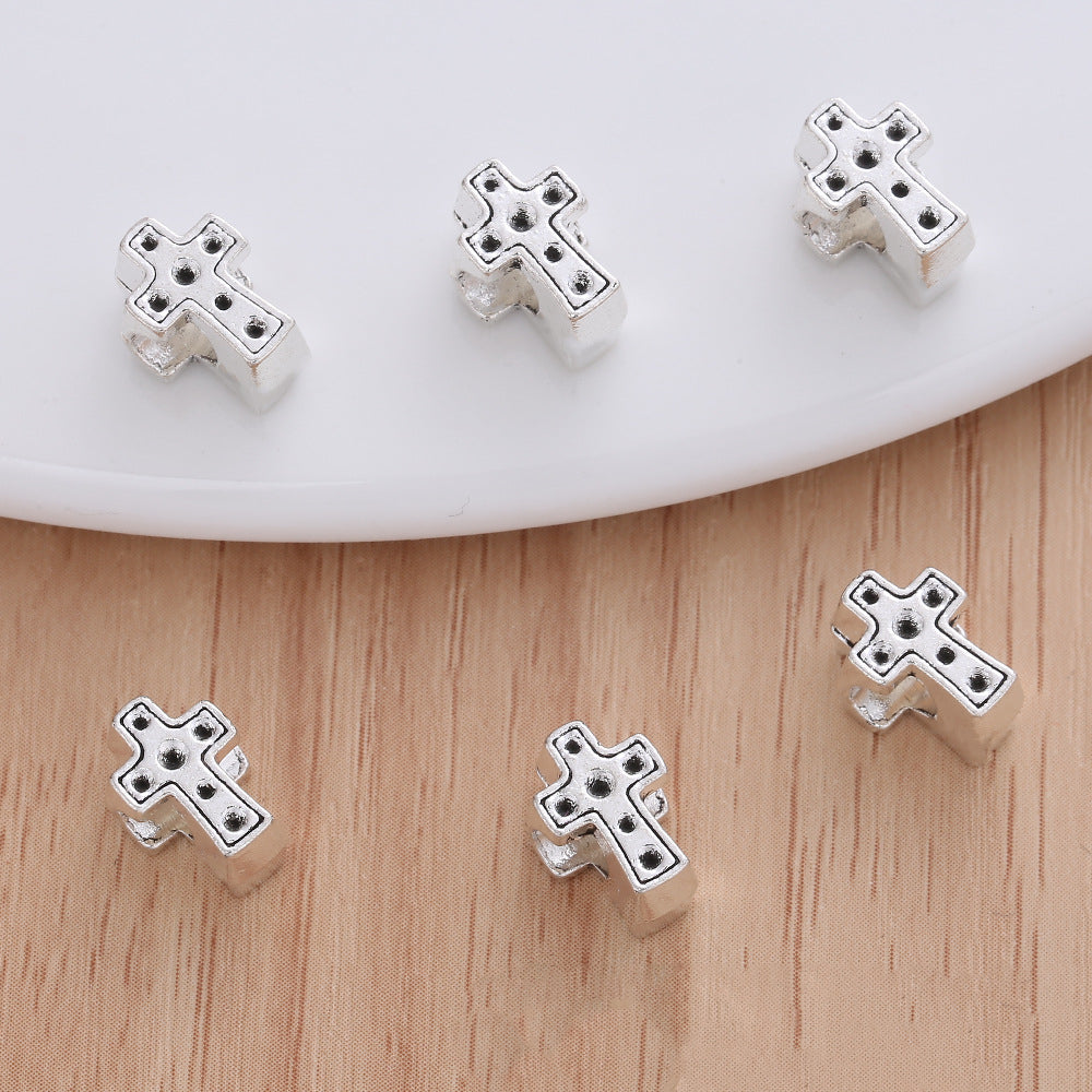 Cross Metal Beads 10mm Polka Dotted Large Hole Vintage Silver Tone 50pcs 2