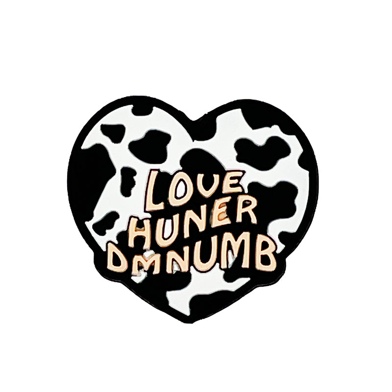 Silicone Focal Beads Heart Love Huner Dmnumb Black and White Cow Print 20pcs