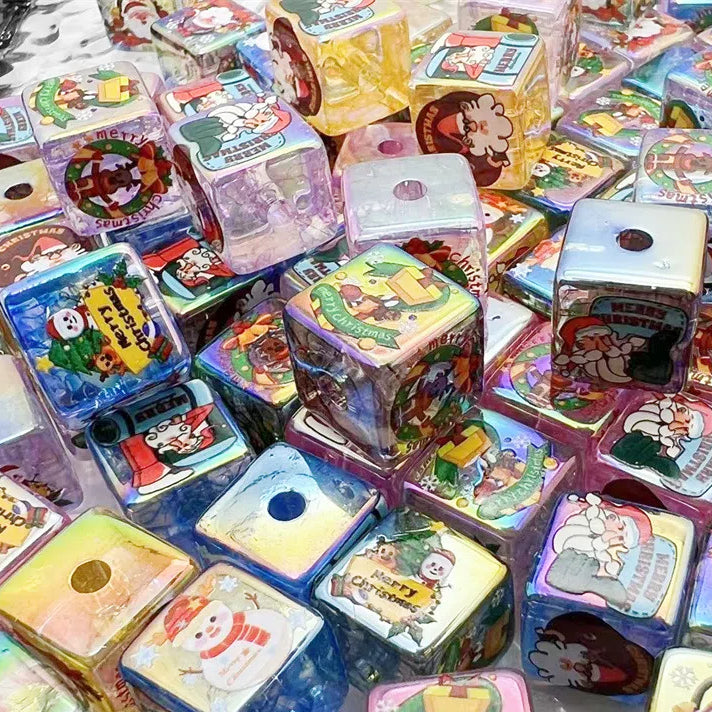 UV Plating Square Acrylic Beads 16mm Christmas Printed 10pcs 2
