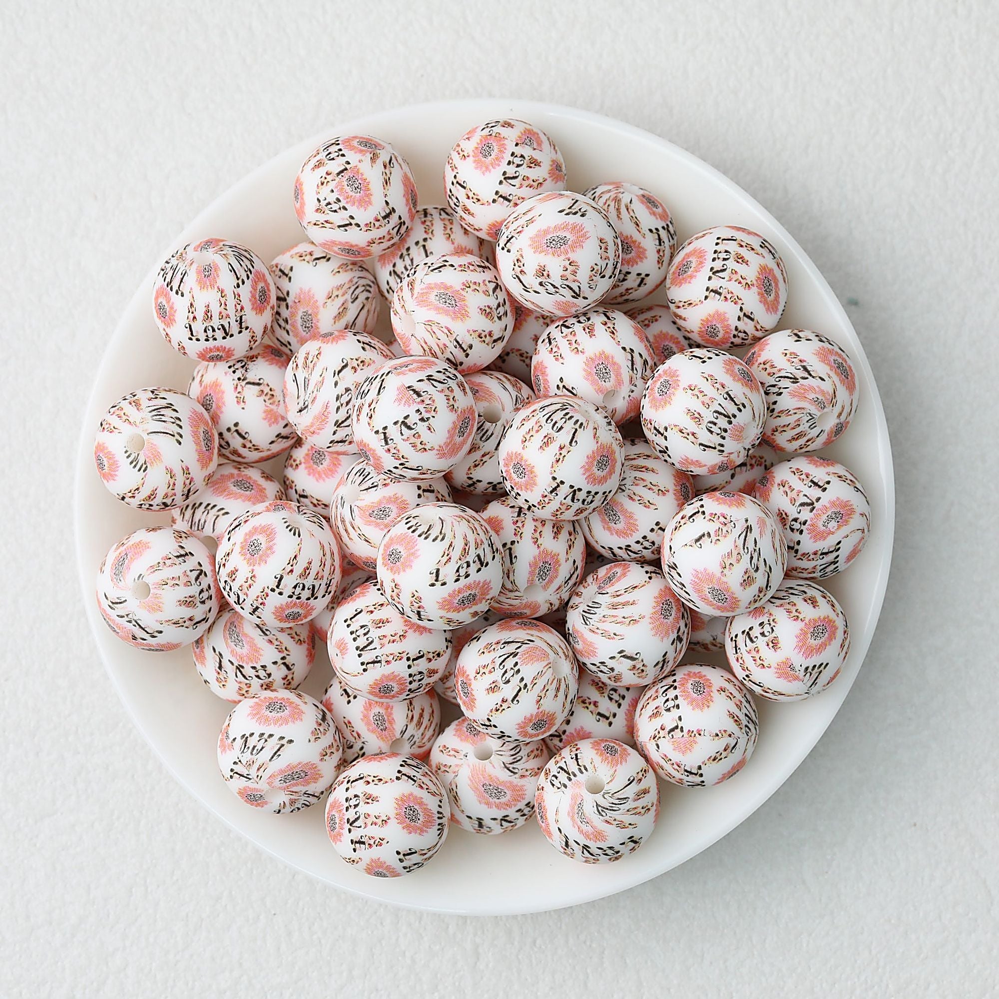 15mm Printed Silicone Beads with Nurse Ambulance and Floral Designs 50pcs - Love Flower