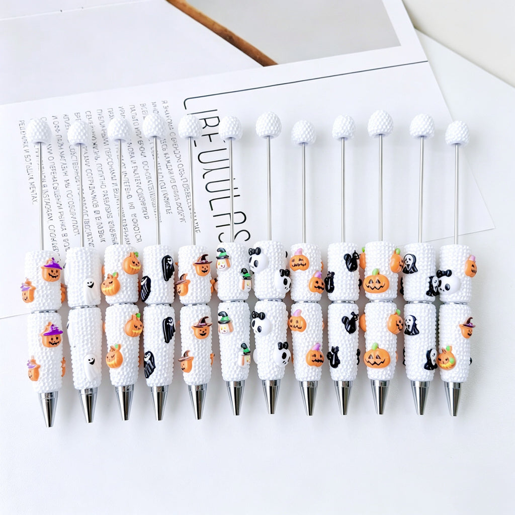 Beadable Halloween Pen with Pumpkin Ghost and Skull Designs 2