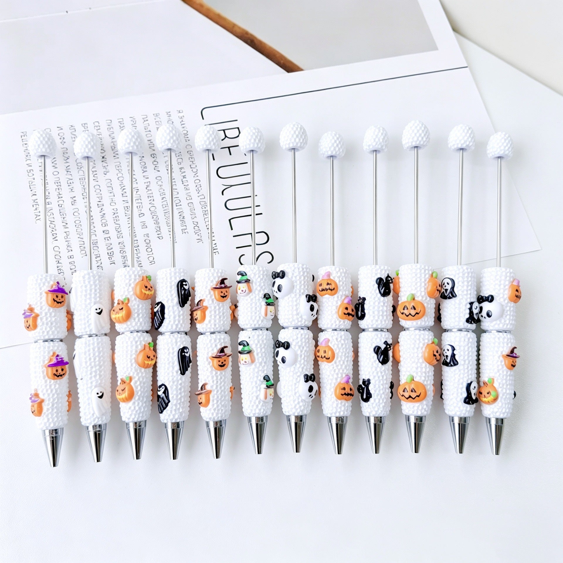 Beadable Halloween Pen with Pumpkin Ghost and Skull Designs 2
