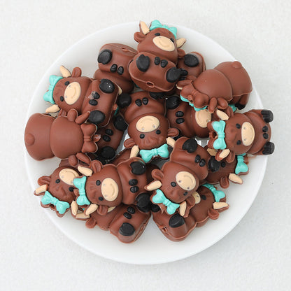3D Cow Shape Silicone Focal Beads with Bow Pink and Blue 20pcs - Blue