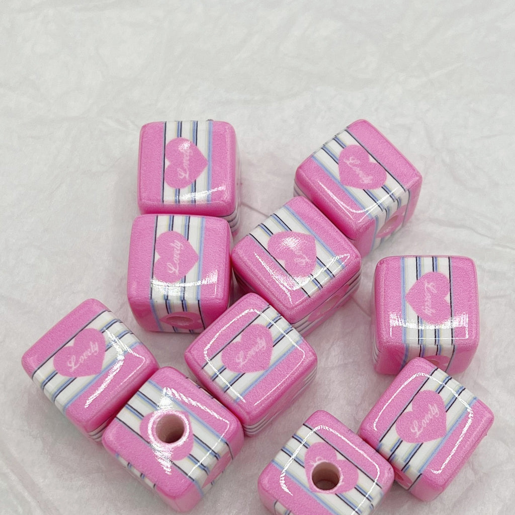 Printed Square Acrylic Beads 14mm Fresh Pink Tone 10pcs 5
