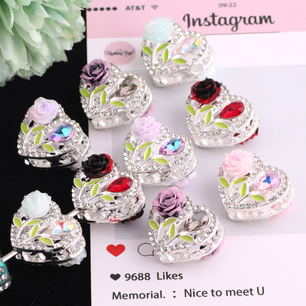 Fancy Heart Shaped Rose Rhinestone Alloy Beads 20mm 3pcs 4