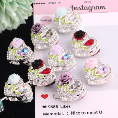 Fancy Heart Shaped Rose Rhinestone Alloy Beads 20mm 3pcs 4