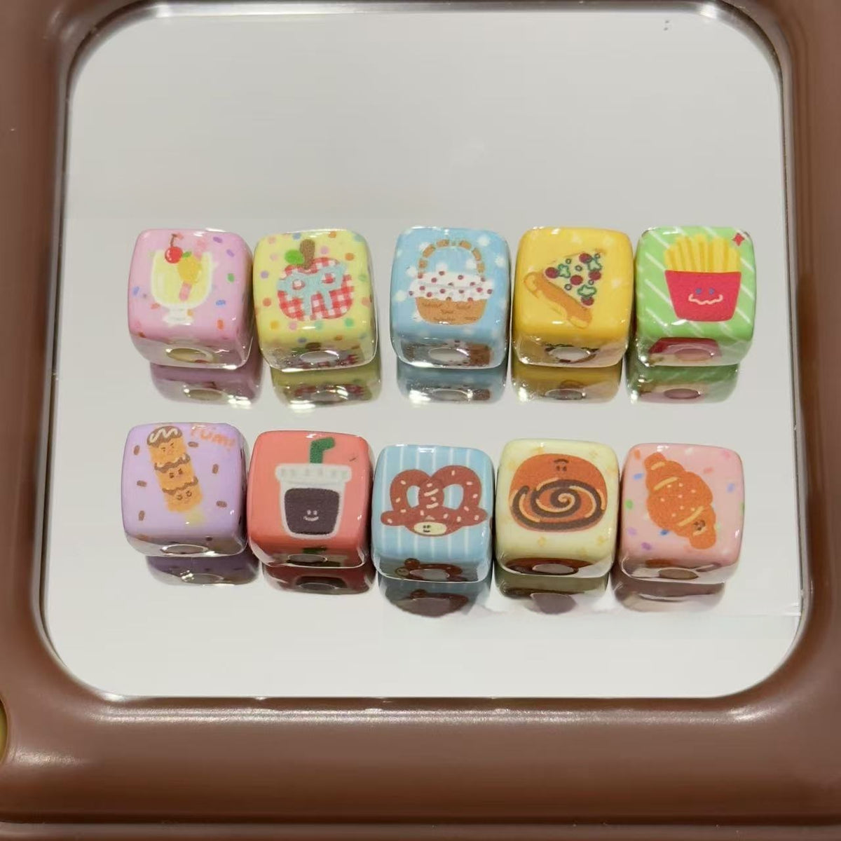 Square Acrylic Beads 14mm Tasty Snack Printed Pastel Colors 10pcs