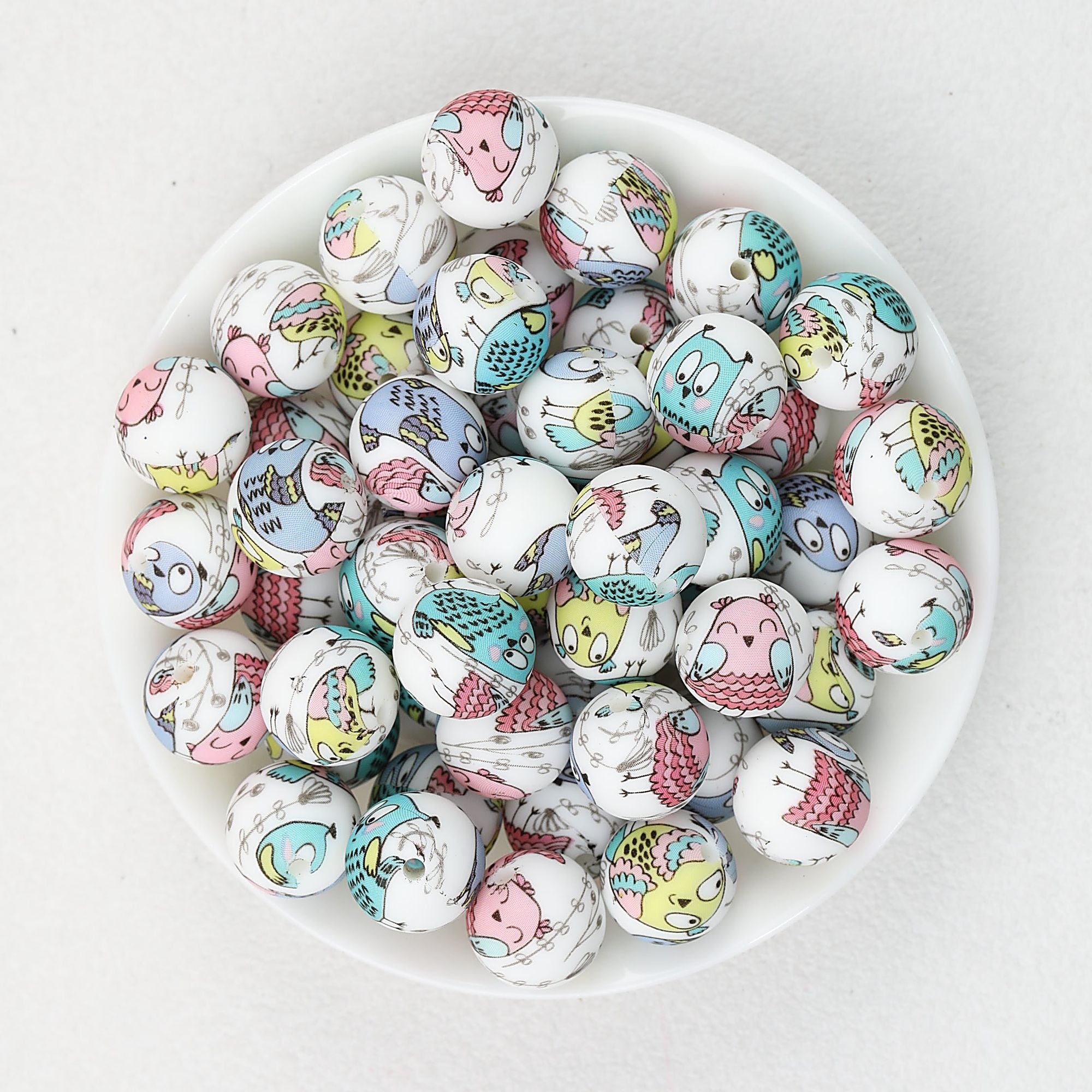 15mm Printed Cartoon Pattern Silicone Round Beads 50pcs - Owl