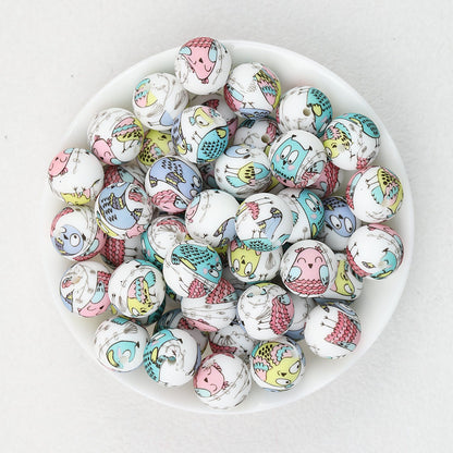 15mm Printed Cartoon Pattern Silicone Round Beads 50pcs - Owl