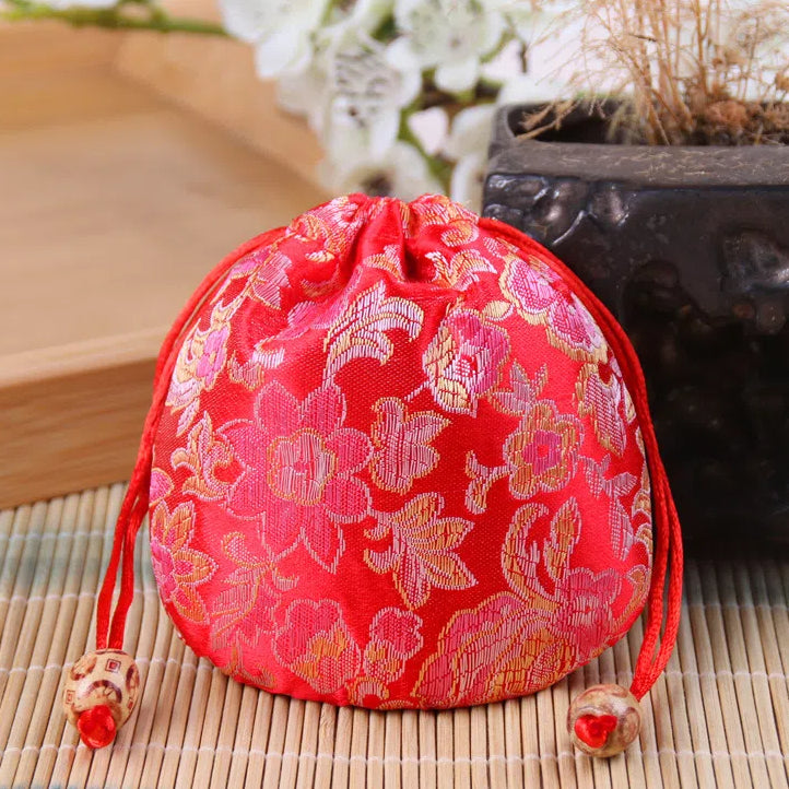 Vintage Brocade Drawstring Pouches Embroidered Floral Pattern 11cm 2pcs 2
