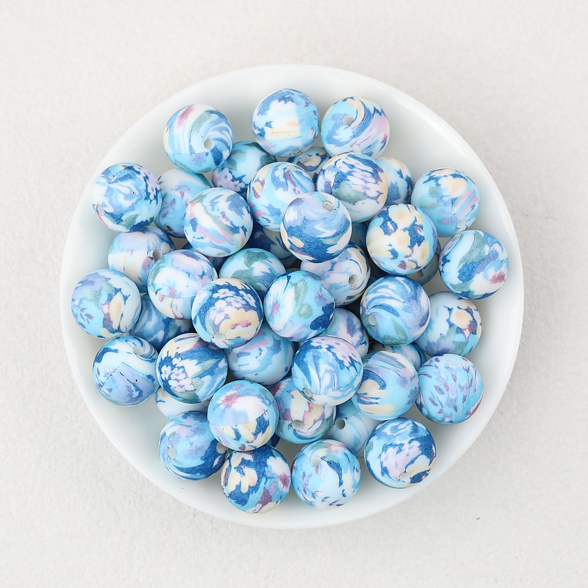 15mm Floral Printed Silicone Round Beads Soft Pastel Color 50pcs - Perilla Flower