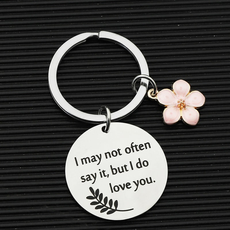 Stainless Steel Mother's Day Keychain Engraved Message Pink Enamel Flower 3