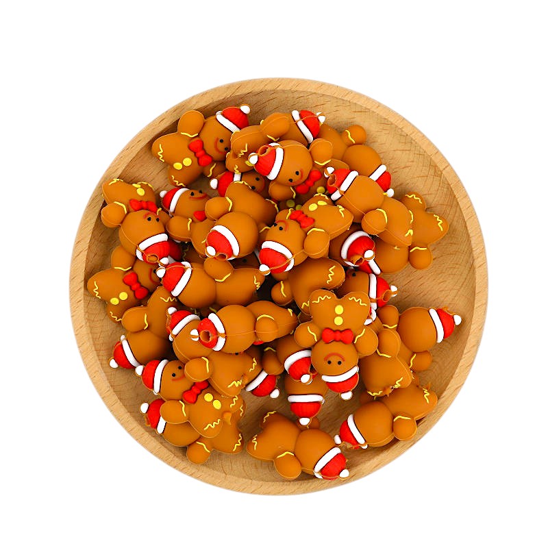 Silicone 3D Focal Beads Christmas Gingerbread Man Santa Hat Smiling Face 20pcs 3