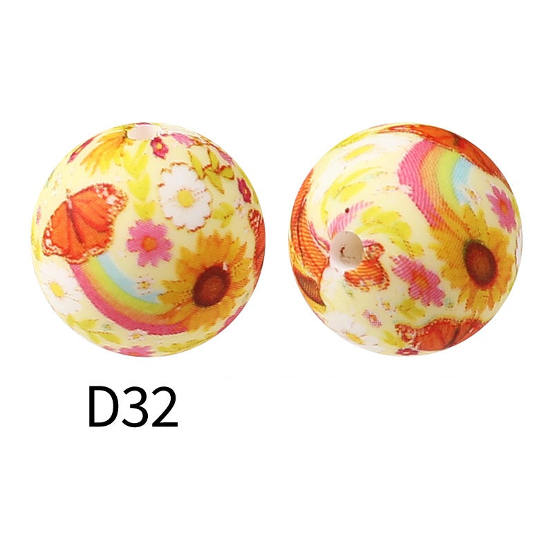 50Pcs 15mm Colored pattern printed silicone beads 34