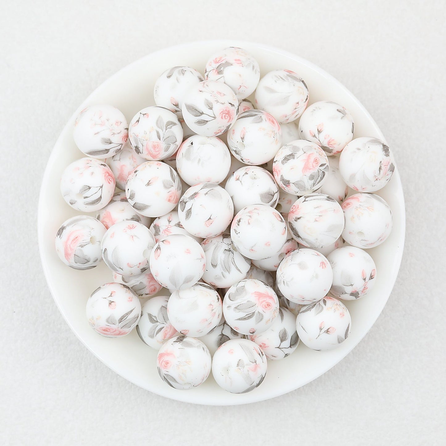 15mm Light Floral Print Round Silicone Beads 50 pcs - Floral Design 4