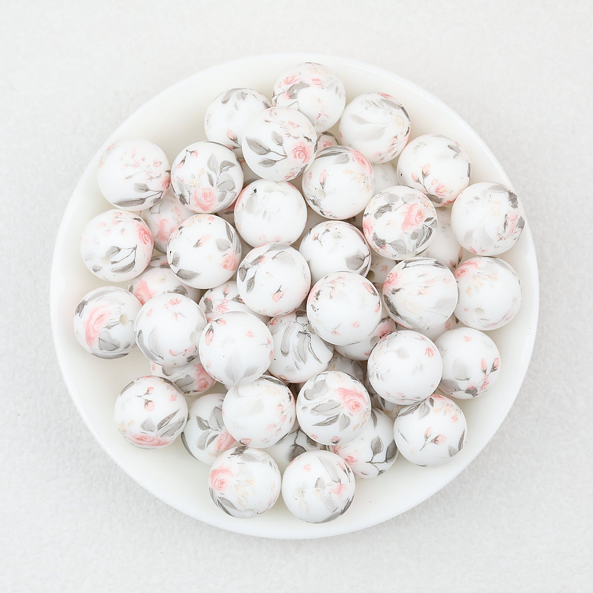 15mm Light Floral Print Round Silicone Beads 50 pcs - Floral Design 4