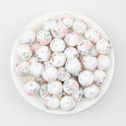 15mm Light Floral Print Round Silicone Beads 50 pcs - Floral Design 4