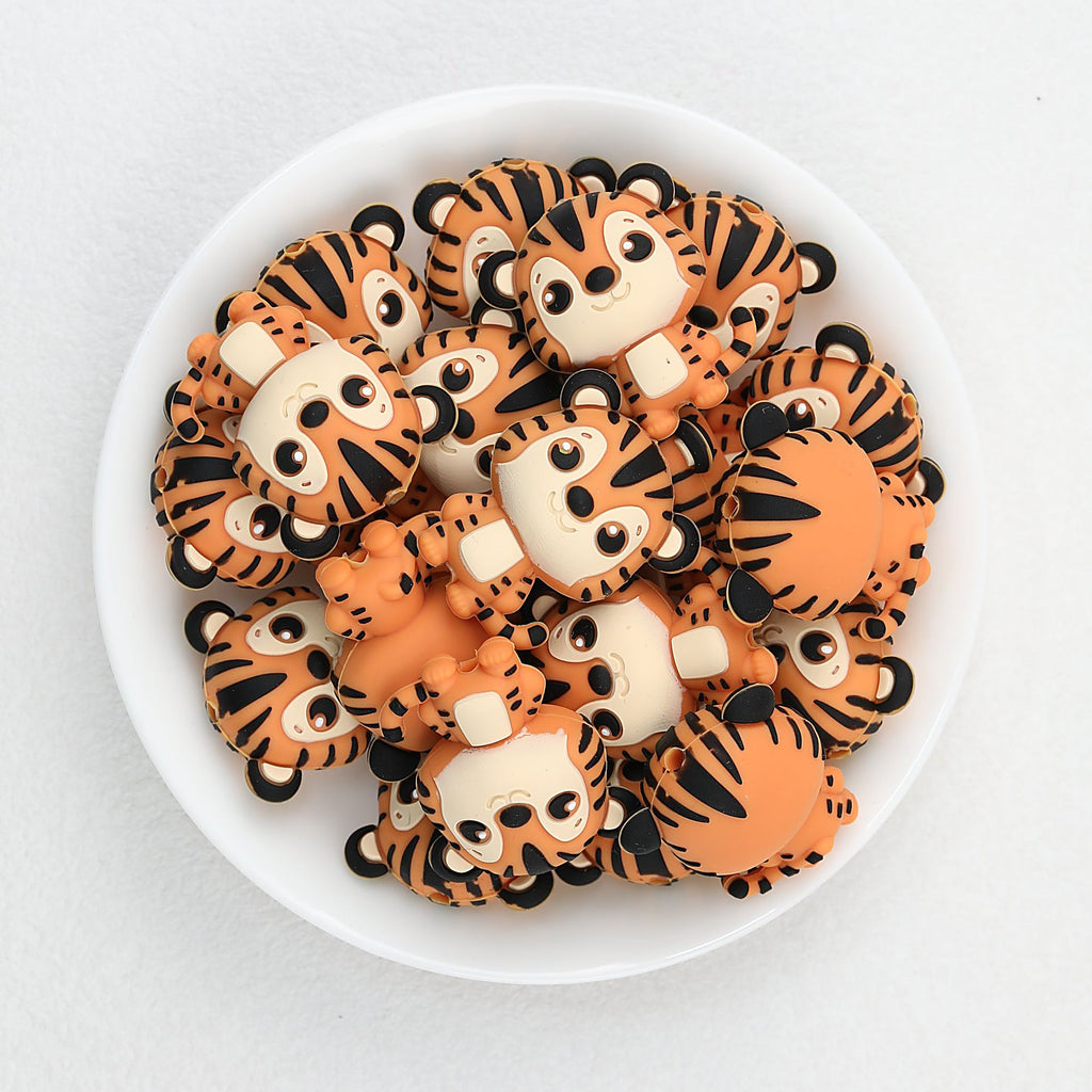 Silicone 3D Focal Beads Tiger Bright Orange Sparkling Eyes 20pcs