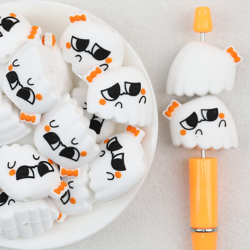 3D Ghost Silicone Focal Beads Wholesale, Halloween Big-Eye Orange Accents