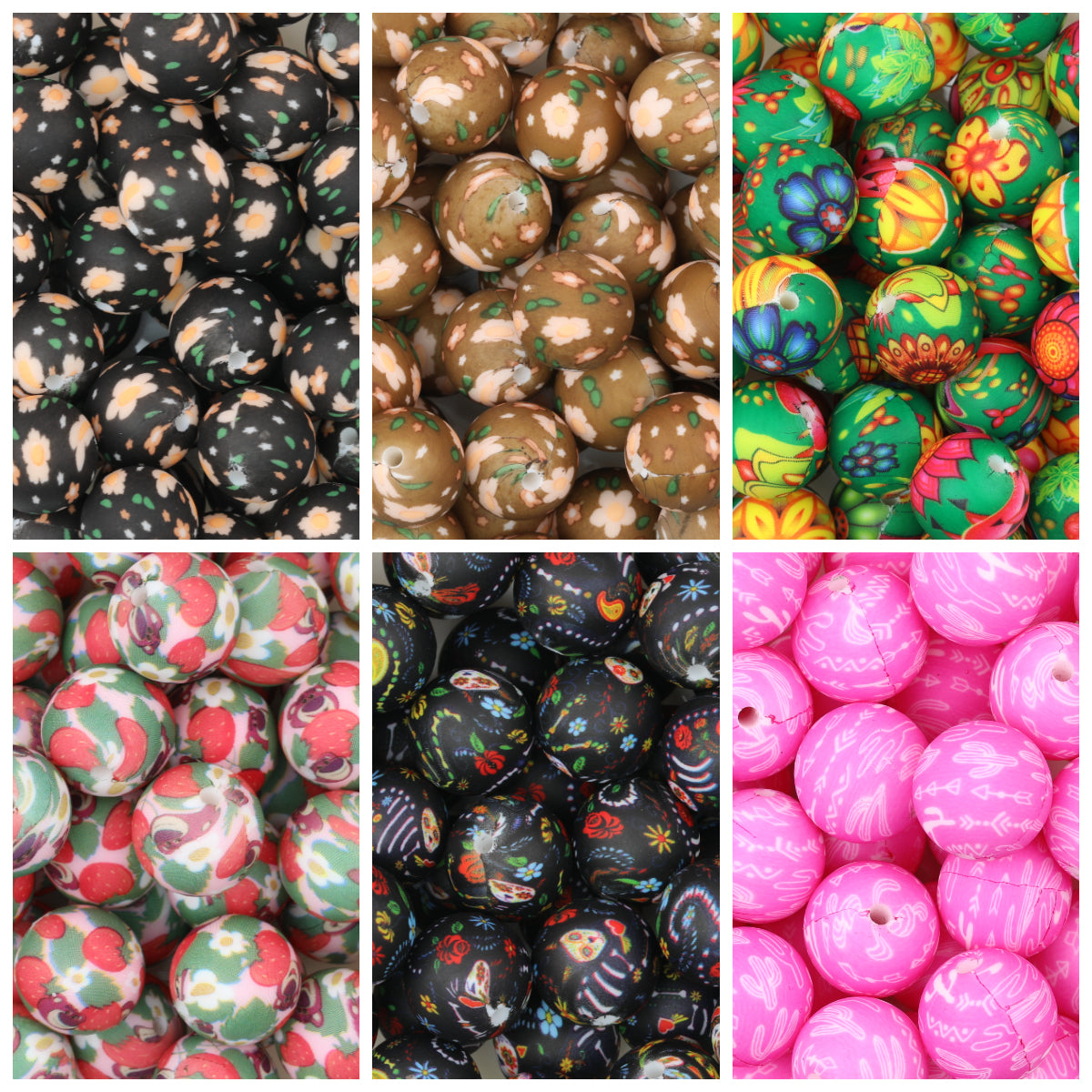 15mm Printed Floral Silicone Beads Multicolor Patterned 50pcs