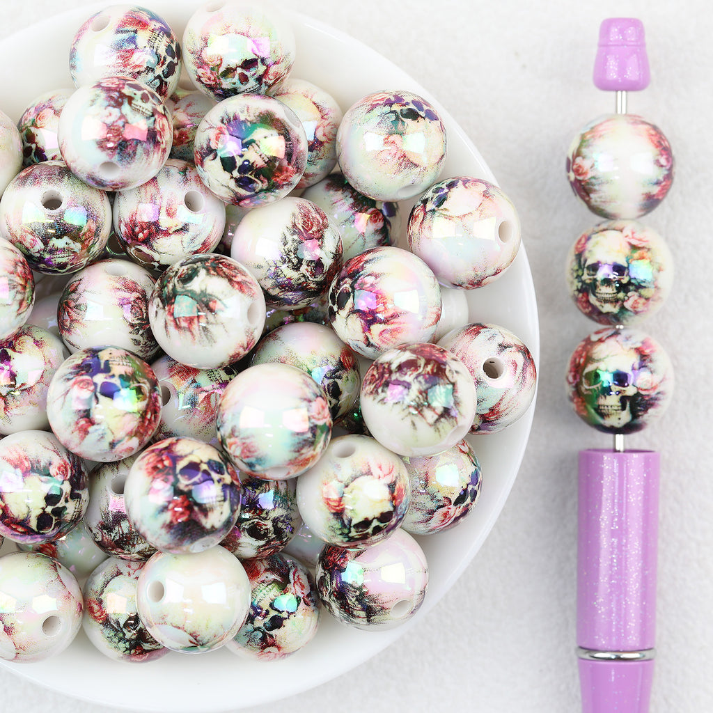 Skull Iridescent Acrylic Beads Wholesale, Halloween Electroplated Round Design, 16mm