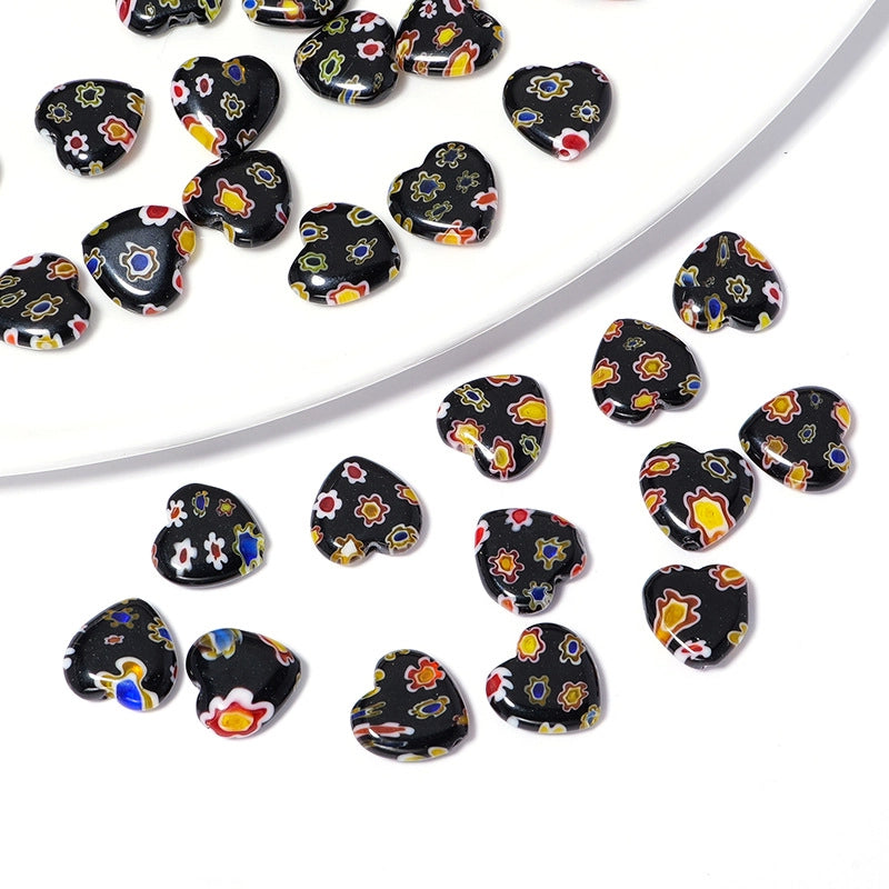 Millefiori Heart Glass Beads 11mm Black Floral Pattern 10pcs