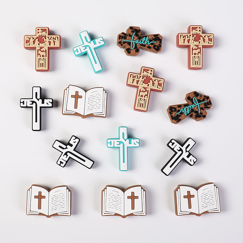 Silicone Focal Beads Bible Cross Leopard Print and Birthday of Jesus 20pcs 6