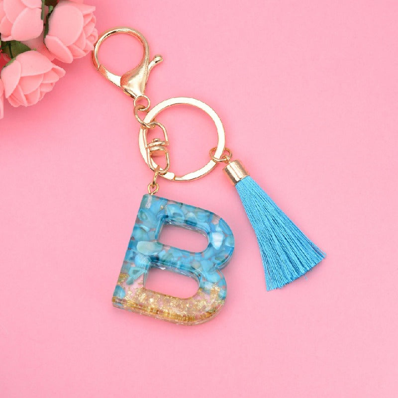 Blue Resin Tassel Monogram Keychain with Gold Flake Accent 3
