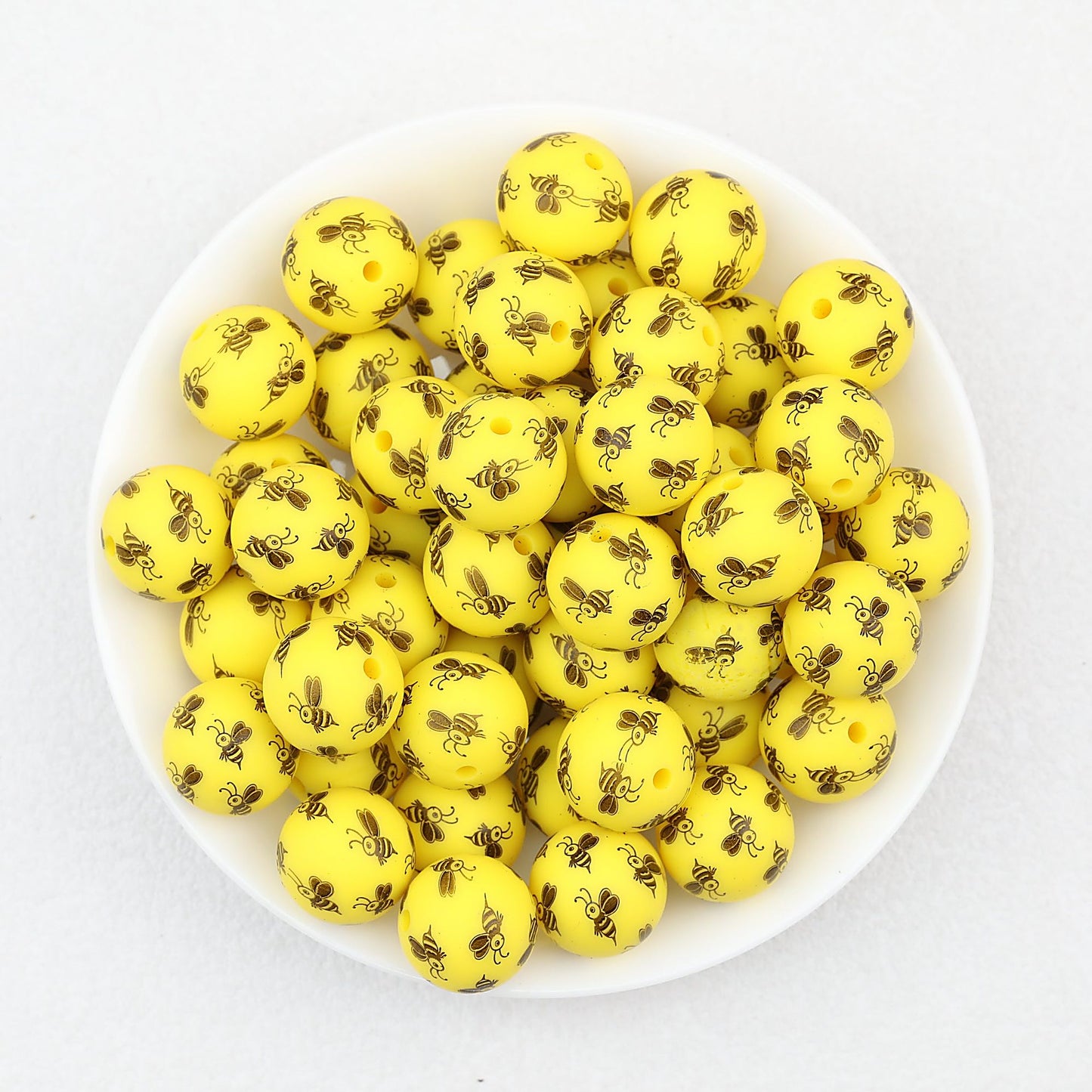 15mm Bee Pattern Printed Round Silicone Beads 50pcs - Yellow
