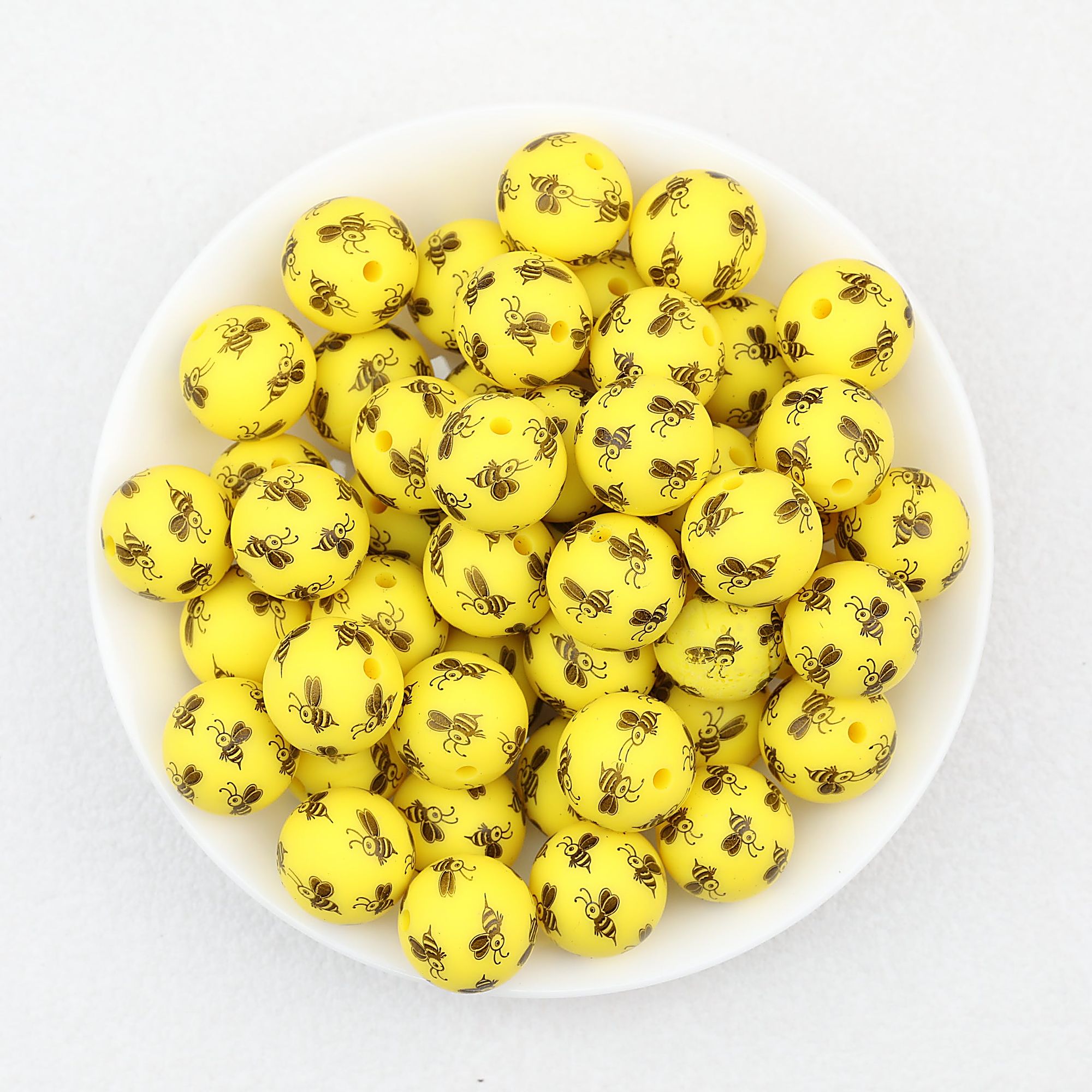 15mm Bee Pattern Printed Round Silicone Beads 50pcs - Yellow