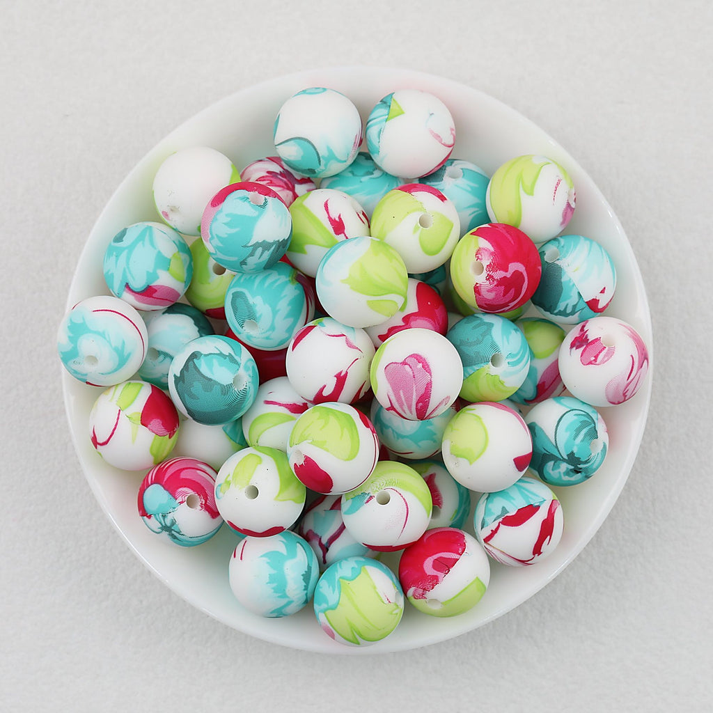 15mm Print Round Silicone Beads with Colorful Floral Patterns 50pcs - Pattern 1