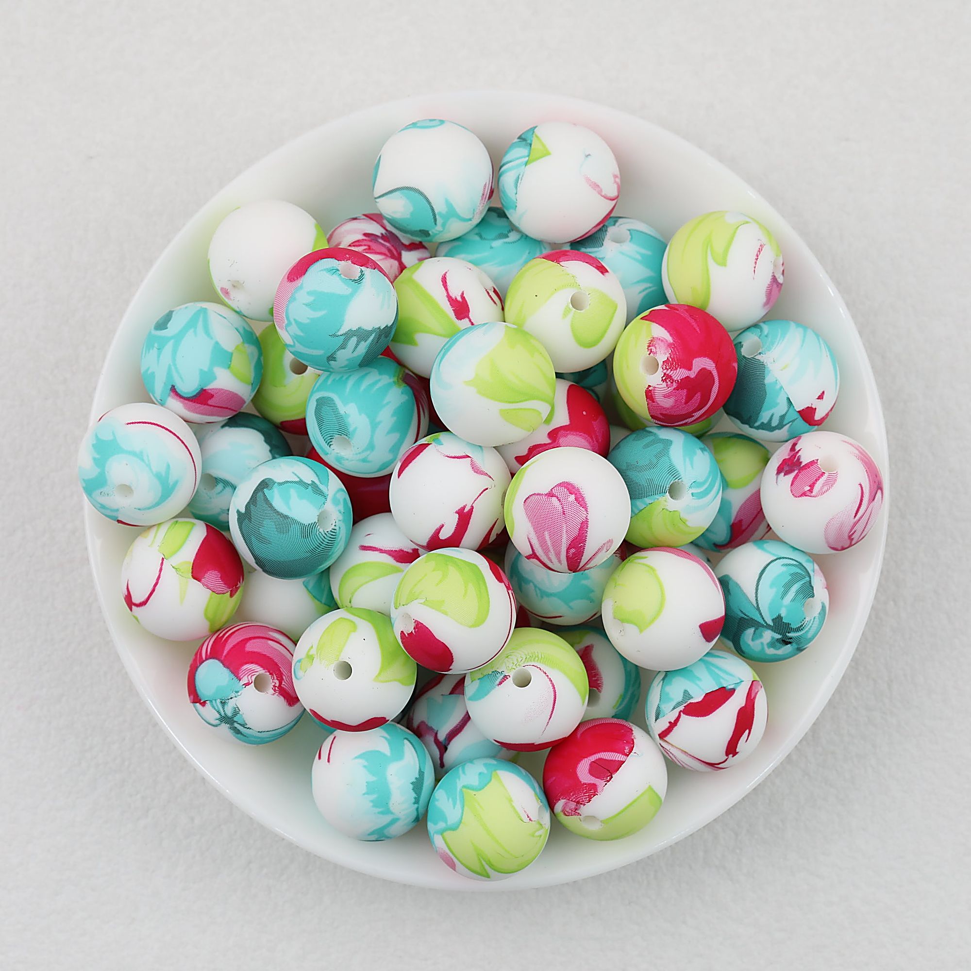 15mm Print Round Silicone Beads with Colorful Floral Patterns 50pcs - Pattern 1