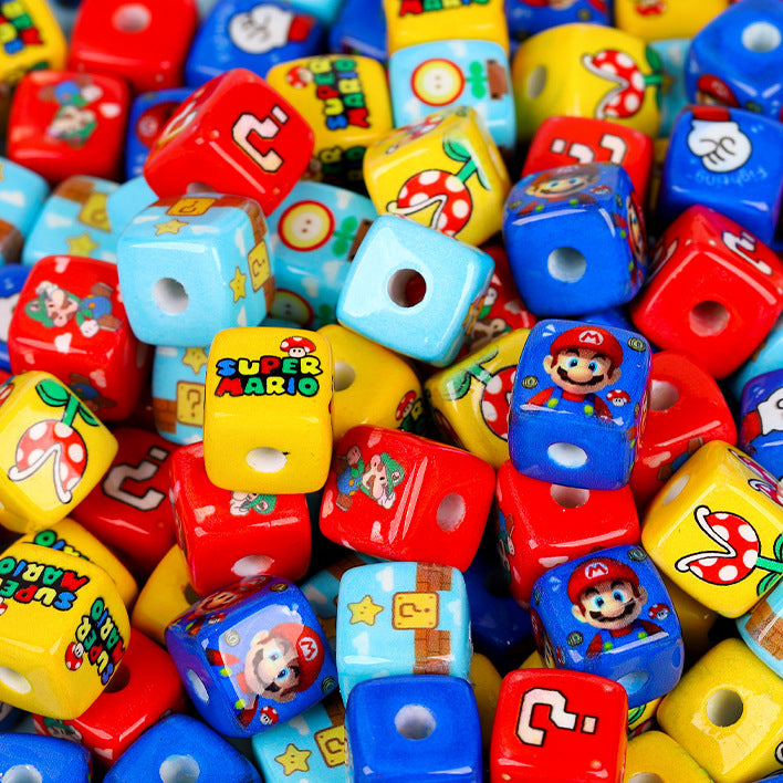 Creative Cartoon Mario Printed Acrylic Square Beads 14mm 10pcs