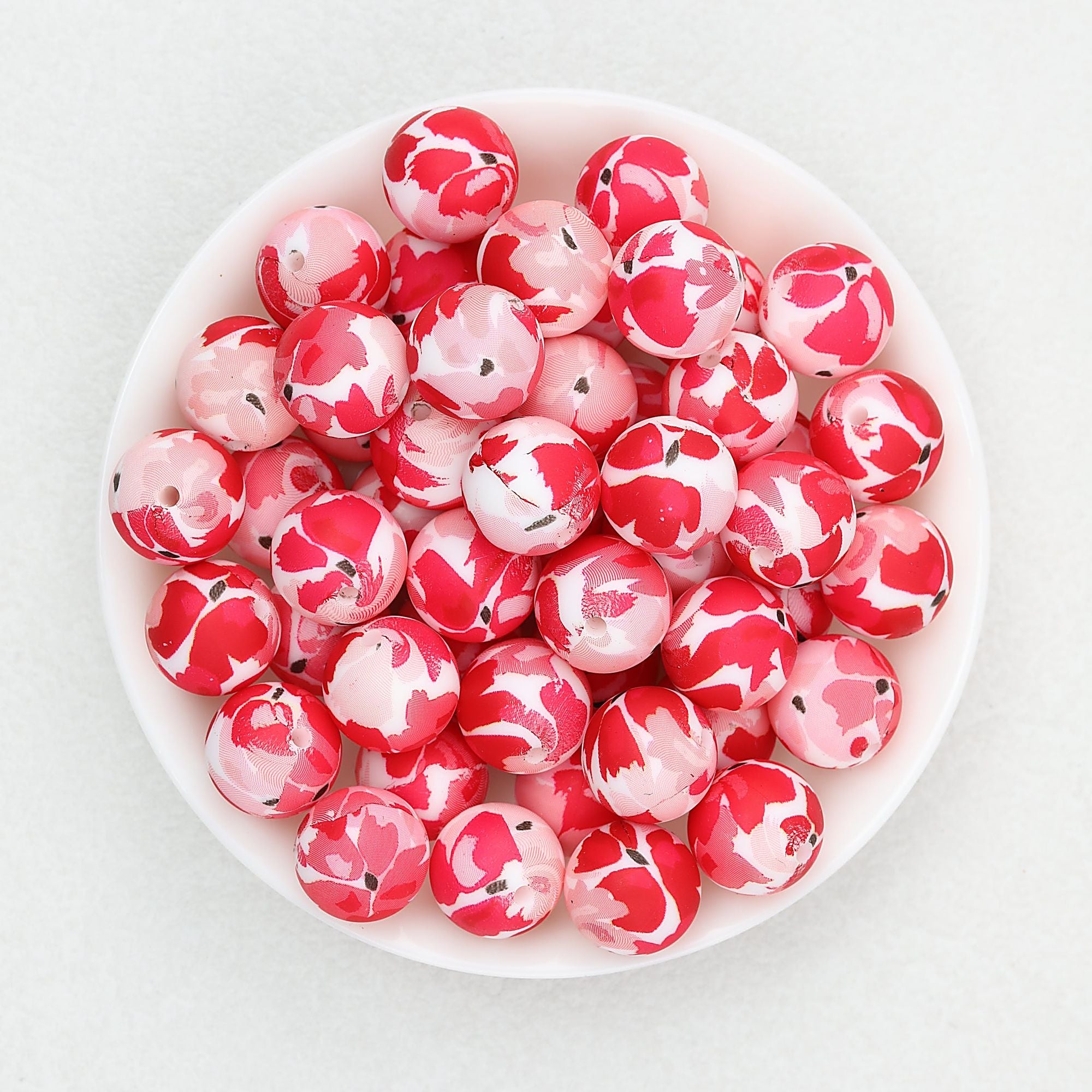15mm Floral Pattern Silicone Beads Pastel Print 50pcs - Red Flower