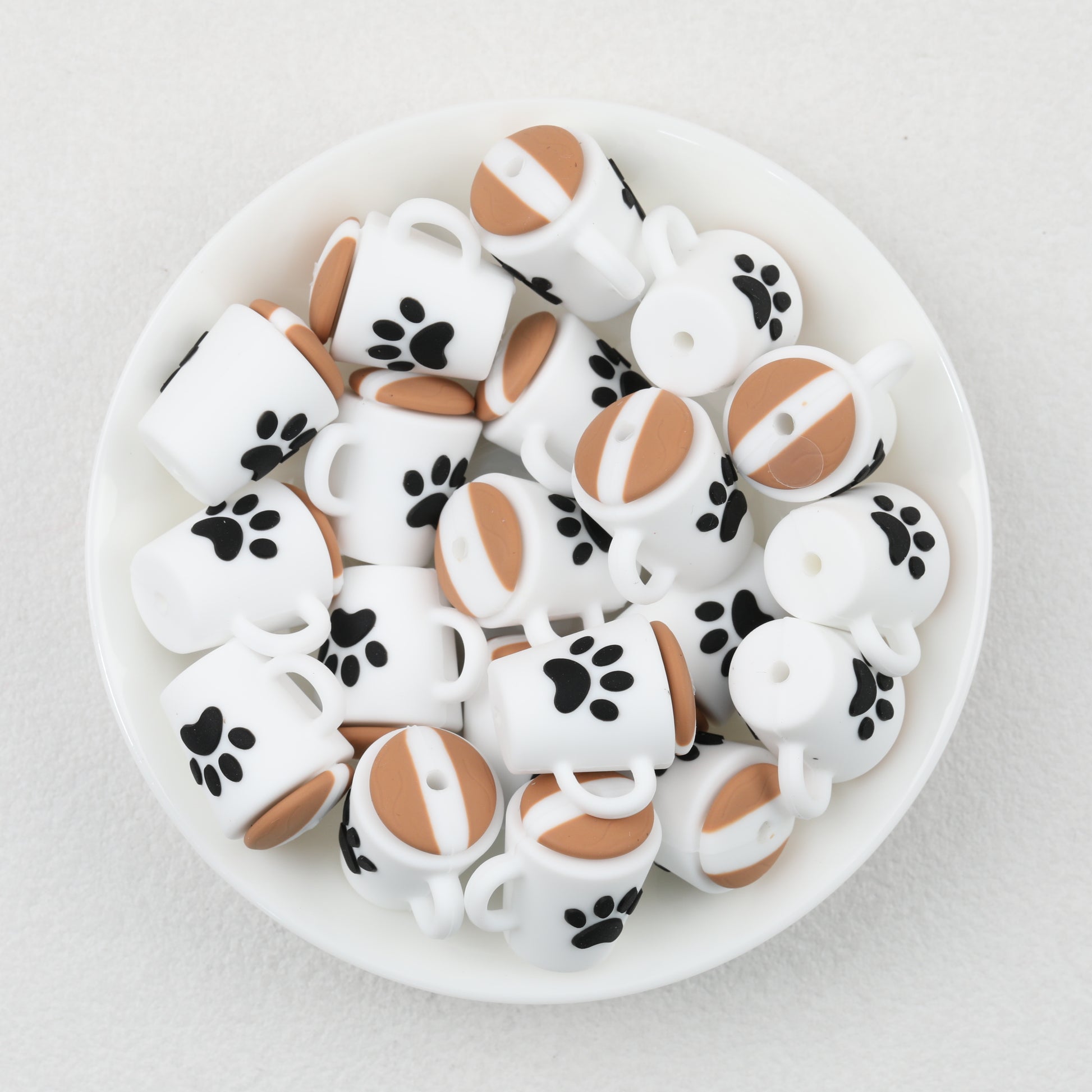 3D Dog Paw and Coffee Cup White Brown Silicone Focal Beads 20pcs