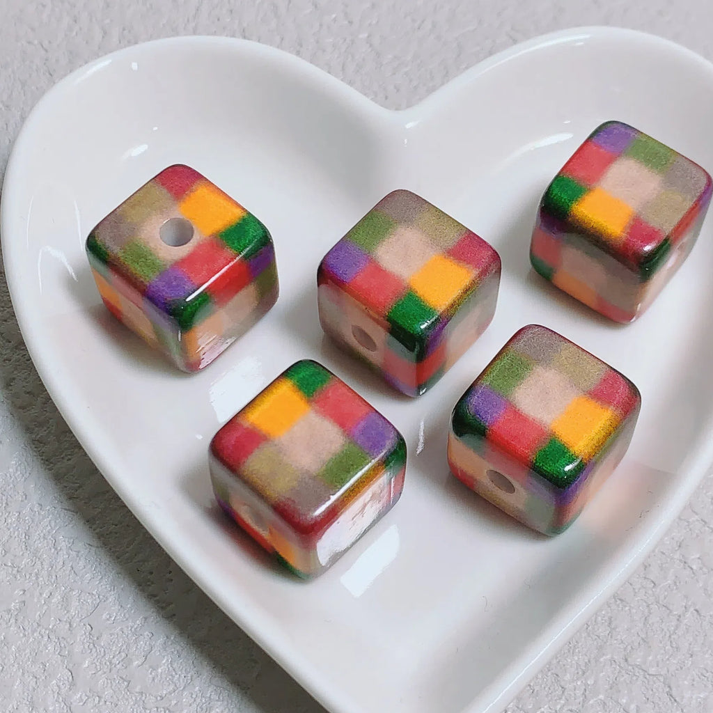 Square Acrylic Beads 15.27mm Mild Winter Color Grid Star Pattern 10pcs 7
