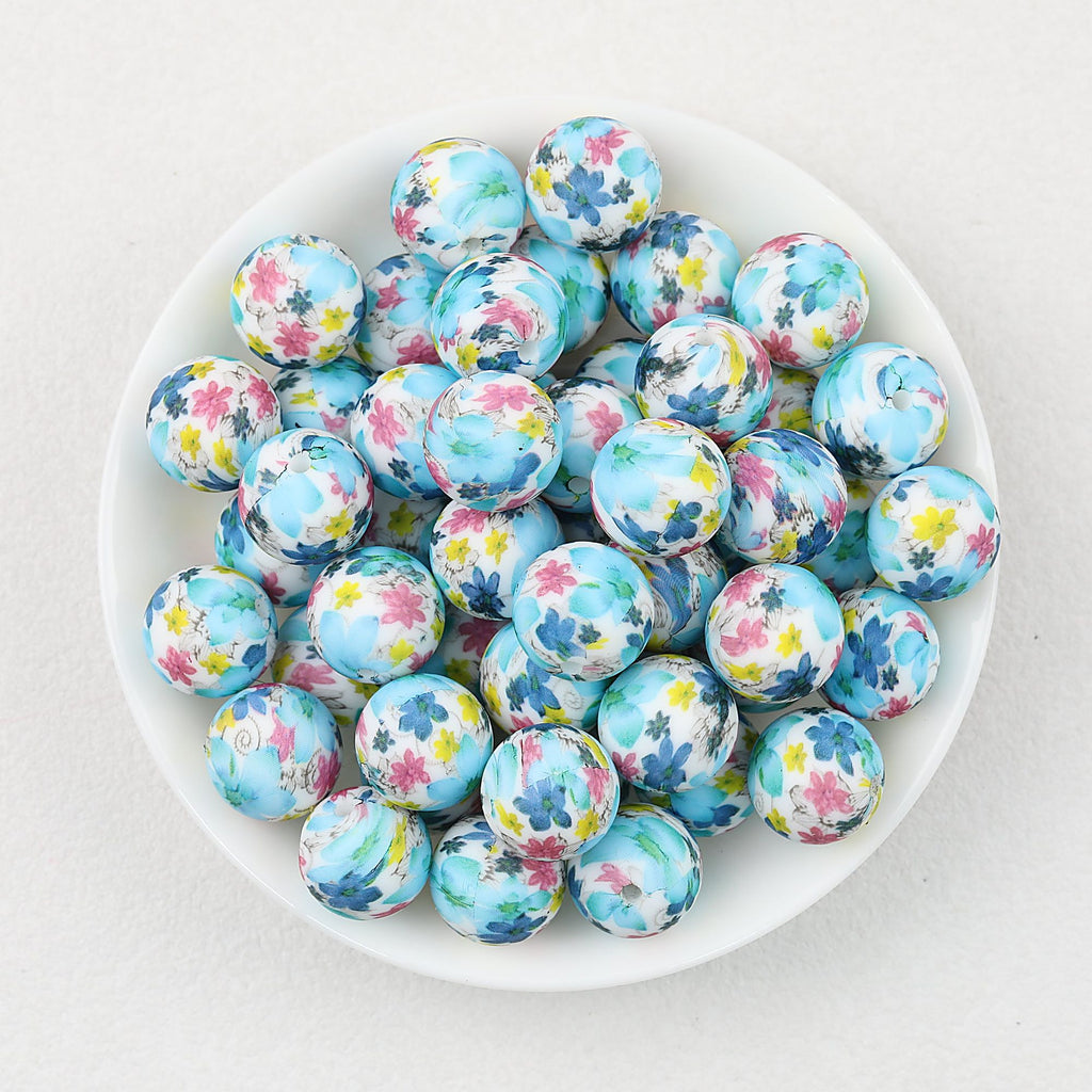 15mm Floral Printed Silicone Round Beads Soft Pastel Color 50pcs - Blue Floral
