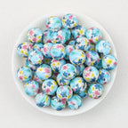 15mm Floral Printed Silicone Round Beads Soft Pastel Color 50pcs - Blue Floral