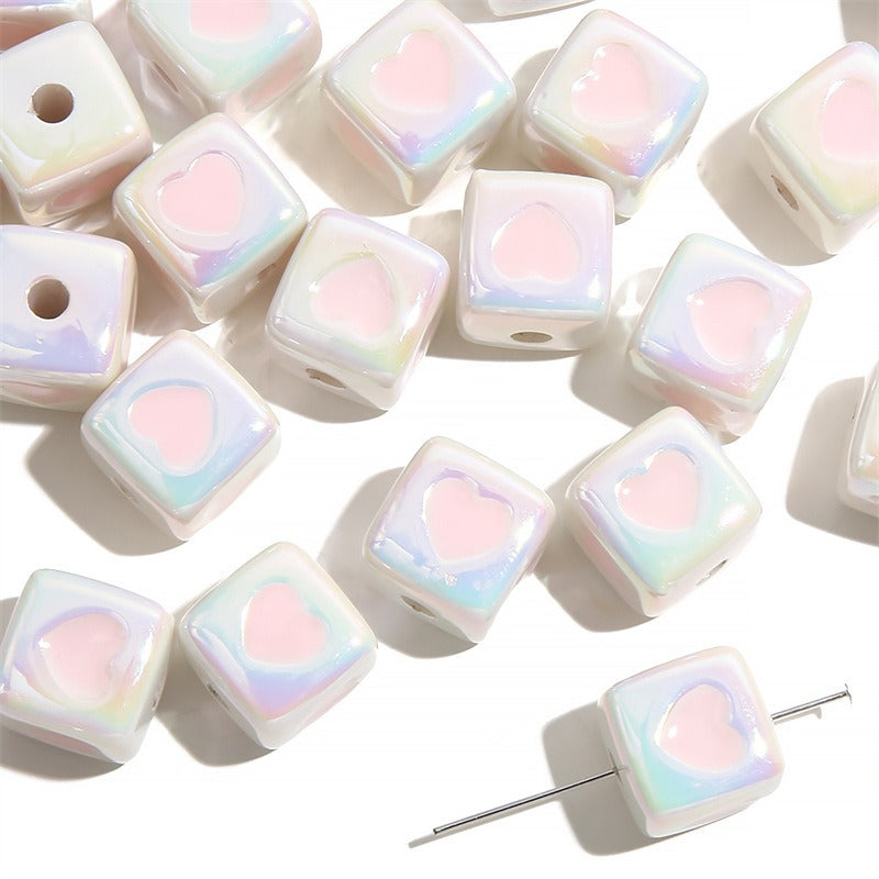 Plating Heart Square Acrylic Beads 12mm Glossy Pastel 4pcs 6