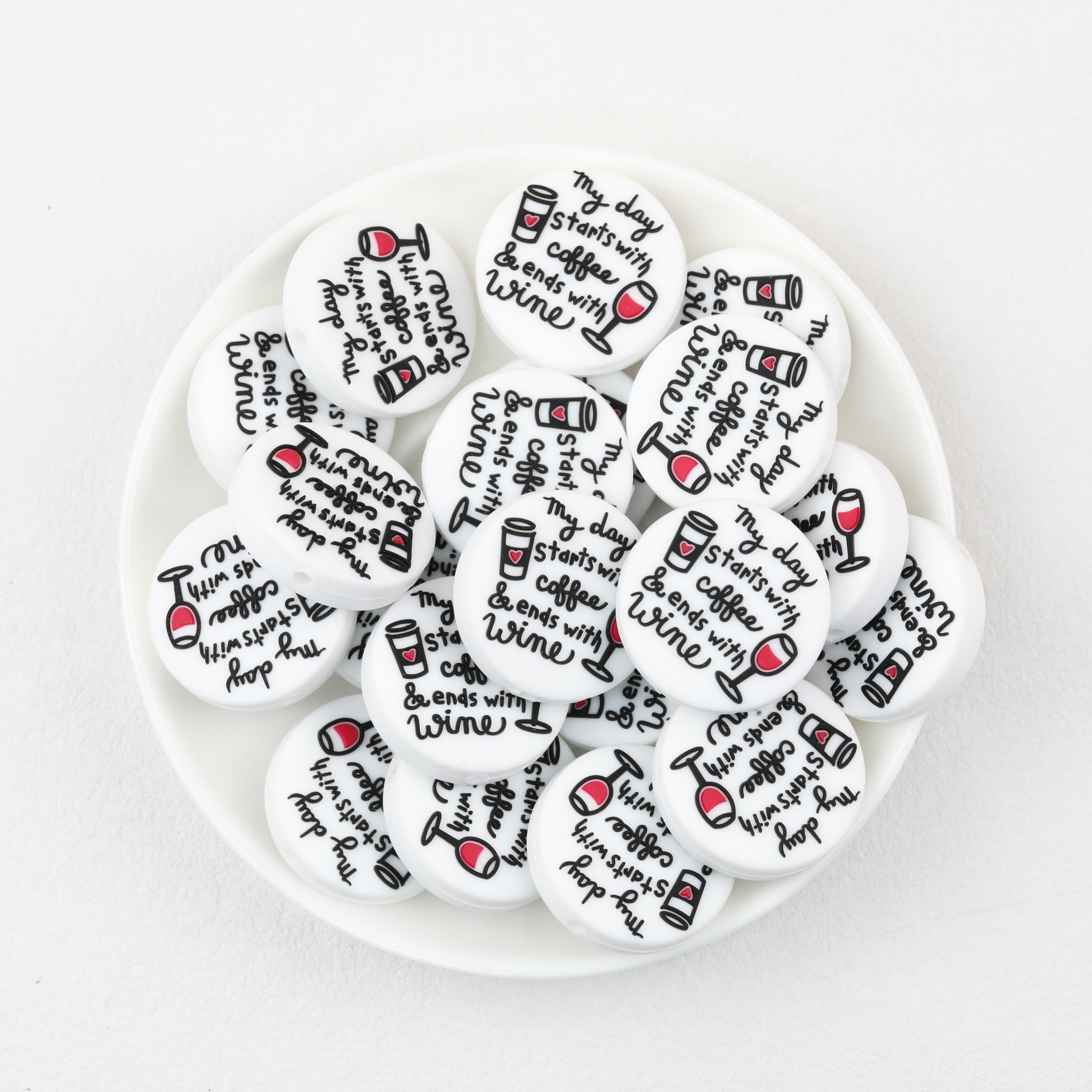 White Coffee Wine Silicone Focal Beads Wholesale, Cup Glass Quote Text Bold Red